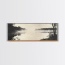 Misty River, Forest Reflection, Black and White Nature, Framed Canvas Print, Tranquil Decor, Bedroom Wall Art, Moody Minimalist Art