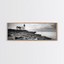Classic Lighthouse Shore, Rocky Coastline Fog, Seaside Charm, Framed Canvas Print, Office Wall Art, New England Coastal Decor