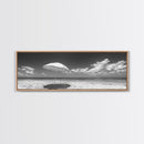 Beach Umbrella, Sunny Sky, Ocean Escape, Seaside Shade, Framed Canvas Print, Summer Wall Art, Bathroom Decor, Minimalist Coastal Style