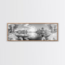 Mountain Reflections, Nature Panorama, Black and White Landscape, Framed Canvas Print, Living Room Wall Art, Modern Wilderness Decor