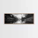 Alpine Lake Scene, Black and White Forest, Serene Mountain Print, Framed Canvas Print, Rustic Wall Art, Cabin Living Room Decor