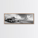 Seaside Bar, Beach Café, Oceanfront Dining, Cloudy Sky, Framed Canvas Print, Kitchen Wall Art, Black and White Tropical Art, Travel Decor