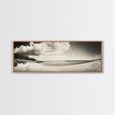 Cloudy Beach, Sandy Shoreline, Coastal Serenity, Framed Canvas Print, Neutral Tones Wall Art, Minimalist Bathroom or Hallway Decor