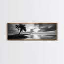 Solitary Palm Tree, Ocean Storm, Moody Landscape, Beach Wall Decor, Framed Canvas Print, Coastal Living Room Art, Monochrome Photography