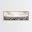 Pebble Shoreline, Soft Horizon, Beach Sunrise, Calm Coastal Decor, Framed Canvas Print, Neutral Tones, Bedroom Wall Art, Nature Minimalism