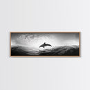 Ocean Dolphin Jump, Seascape Art, Black White Photography, Coastal Wall Decor, Canvas Print, Minimalist Bathroom Wall Art, Nautical Style
