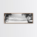 Tropical Beach Scene, Palm Tree Horizon, Ocean Serenity, Island Life, Framed Canvas Print, Coastal Wall Art, Living Room Decor, Minimalist Vibe