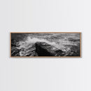 Crashing Waves Rock, Coastal Seascape, Ocean Photography, Black White Art, Framed Canvas Print, Nautical Bathroom Wall Decor