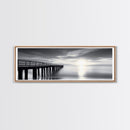 Ocean Pier, Tranquil Horizon, Serene Seascape, Framed Canvas Print, black and white beach wall art, bedroom coastal minimalism