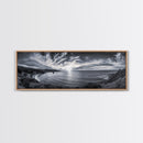 Cloudy Horizon, Wide Ocean View, Coastal Cliffs, Framed Canvas Print, dramatic seascape wall art, coastal kitchen decor, black and white