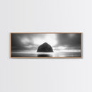 Seaside Rock Monolith, Ocean Landscape, Dramatic Sky Photography, Framed Canvas Print, Moody Wall Art, Minimalist Home Decor