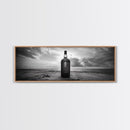 Whiskey on Beach, Bottle Seascape, Moody Coastal Still Life, Canvas Print, Masculine Bar Wall Art, Rustic Living Room Accent Piece