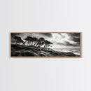 Windswept Pines, Stormy Sea, Moody Coastal Scene, Framed Canvas Print, Rustic Nature Decor, Bedroom Wall Art, Autumn Vibes