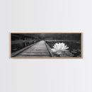 Water Lily, Peaceful Pond, Wooden Dock, Framed Canvas Print, Zen Wall Art, Meditation Room Decor, Black and White Nature Art
