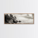 Windy Pines, Rocky Shoreline, Ocean Wilderness, Canvas Print, Vintage Nature Photography, Hallway Wall Art, Outdoor Adventure Vibe