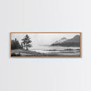 Foggy River Valley, Evergreen Mountains, Morning Mist Landscape, Framed Canvas Print, Tranquil Bedroom Art, Nature Inspired Decor