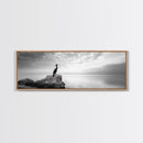 Solitary Bird, Ocean Rock, Minimalist Seascape, Canvas Print, Peaceful Wall Art, Zen Decor, Black and White Living Room Accent