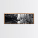 Misty River, Tranquil Forest, Autumn Nature, Monochrome Photography, Framed Canvas Print, Bedroom Wall Art, Rustic Decor, Minimalist Style