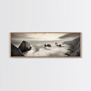 Rocky Coastline, Ocean Cliffs, Soft Waves, Long Exposure Landscape, Framed Canvas Print, Nautical Wall Art, Calm Living Room Decor