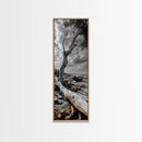 Weathered Tree, Coastal Roots, Dramatic Sky, Natural Form – Canvas Print, Living Room Wall Art, Monochrome Photography, Driftwood Decor