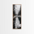 Mountain River, Forest Reflections, Nature Tranquility, Winter Pines, Canvas Print, Serene Landscape Wall Art, Bedroom Cabin Decor