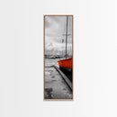 Vibrant Boat, Dockside Scene, Nautical Decor, Color Accent, Framed Canvas Print, Black and White Photography, Coastal Wall Art, Bathroom Art