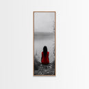 Solitude Reflection, Red Dress Woman, Tranquil Mood, Autumn Lake Scene, Framed Canvas Print, Mindful Art, Bedroom Wall Decor