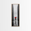Red Umbrella, Rainy Day, Urban Silhouette, Framed Canvas Print, Minimalist Wall Art, Modern Entryway Decor, Monochrome Mood