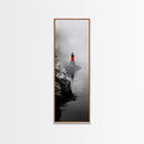 Misty Lighthouse View, Red Beacon Decor, Coastal Minimalist Art, Framed Canvas Print, Modern Seascape Living Room Wall Decor