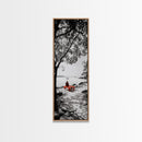 Lonely Figure, Red Bench, Reflective Scene, Peaceful Beach Wall Art, Framed Canvas Print, Black and White Photography, Zen Room Decor