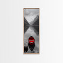 Red Canoe, Mountain Lake, Minimalist Reflection, Snowy Peaks, Framed Canvas Print, Nordic Cabin Wall Art, Serene Bedroom Decor