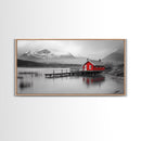 Red Cabin, Lake House, Mountain Reflection, Framed Canvas Print, Nordic Art, Winter Landscape, Bedroom Wall Art, Modern Minimalist Decor