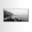 Red Hoodie, Ocean Cliff, Misty Silence, Framed Canvas Print, Minimalist Solitude Art, Mental Health Awareness, Bedroom Wall Decor, Calm Scene