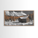 Snowy Cabin, Winter Landscape, Mountain Lodge, Rustic Retreat, Framed Canvas Print, Cozy Wall Art, Cabin Living, Holiday Decor