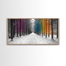 Snowy Pines, Rainbow Forest, Winter Walkway, Colorful Trees, Canvas Print, Whimsical Art, Nursery Wall Art, Minimalist Nature Style