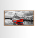 Red Boat, Dock Reflections, Moody Sky, Harbor Life, Framed Canvas Print, Nautical Wall Decor, Coastal Art, Living Room Art, Maritime Style