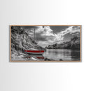 Red Sailboat, Rocky Cove, Tranquil Water, Coastal Escape, Canvas Print, Nautical Wall Art, Minimalist Seaside Style, Black White Art