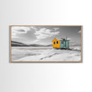 Yellow Cabin, Frozen Lake, Snowy Escape, Winter Minimalism – Framed Canvas Print, Scandinavian Wall Art, Cozy Living Room, Nordic Style