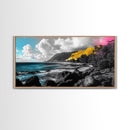 Vibrant Coastline, Yellow Cliff, Blue Ocean, Tropical Escape – Framed Canvas Print, Beach Wall Art, Boho Decor, Hawaii Inspired Room Vibe