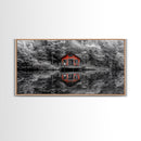 Red Cabin, Lake Reflection, Autumn Escape, Forest Retreat, Framed Canvas Print, Rustic Wall Art, Cabin Decor, Fall Living Room Artwork