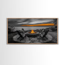 Fire Pit, Sunset Glow, Adirondack Chairs, Lake View, Framed Canvas Print, Fall Wall Art, Rustic Decor, Cozy Living Room Wall Accent