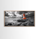 Red Lighthouse, Stormy Sea, Rocky Shore, Moody Coastal, Framed Canvas Print, Nautical Wall Art, Dramatic Bathroom Decor, Ocean Vibes