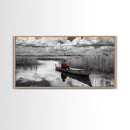 Solitary Canoe, Peaceful Waters, Cloudy Sky, Red Shirt, Framed Canvas Print, Nature Explorer Gift, Cabin Wall Art, Rustic Fall Scene