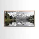 Serene Lake, Snowy Peaks, Forest Reflection, Canvas Print, Nature Photography, Modern Living Room Art, Black White Green Decor