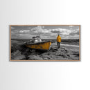 Yellow Boat, Lonely Man, Moody Shore, Framed Canvas Print, Coastal Wall Art, Nautical Decor, Masculine Home Office Style