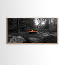 Forest Campfire, Glowing Flames, Outdoor Retreat, Cozy Autumn, Framed Canvas Print, Rustic Wall Decor, Fall Living Room Art, Nature Scene