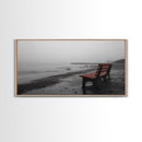 Red Bench Fog, Moody Coastal Morning, Framed Canvas Print, Minimalist Beach Wall Art, Modern Entryway Decor, Black and White Vibes