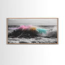 Rainbow Ocean Wave, Vibrant Sea Spray Art, Color Explosion Surf, Framed Canvas Print, Bathroom Wall Art, Coastal Modern Abstract