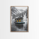 Winter Cabin, Floating House, Snowy Pines, Mountain Lake, Canvas Print, Minimalist Winter Wall Art, Cabin Decor, Neutral Nature Scene