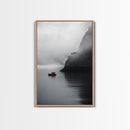 Red Boat, Foggy Coast, Seaside Cliff, Misty Water, Canvas Print, Moody Nautical Wall Art, Minimalist Ocean Decor, Scandinavian Style Art